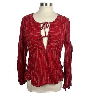 Oilily Blouse M Womens Red Striped Front Ties Long Sleeves Cotton Vintage